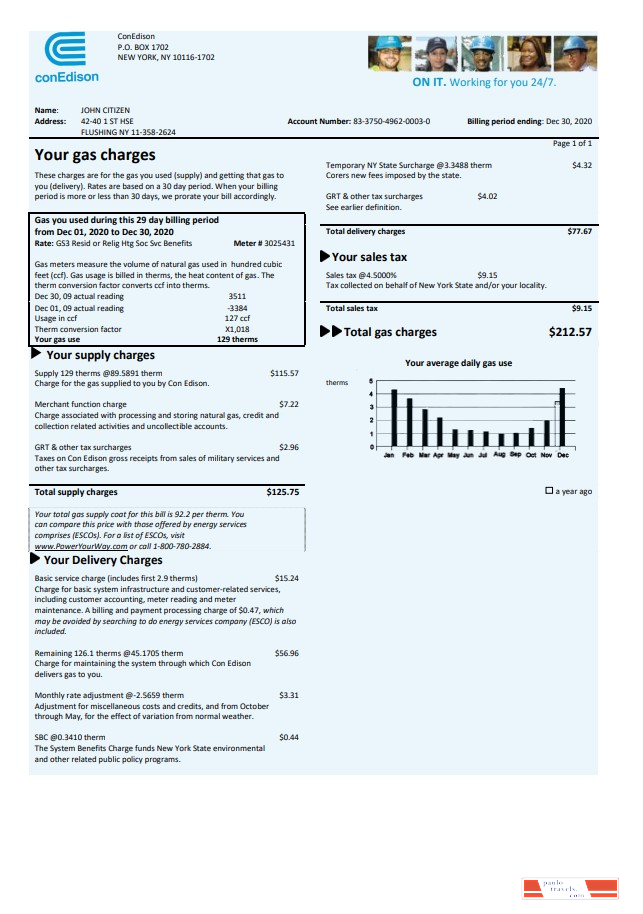USA Con Edison gas utility bill template in Word and PDF format